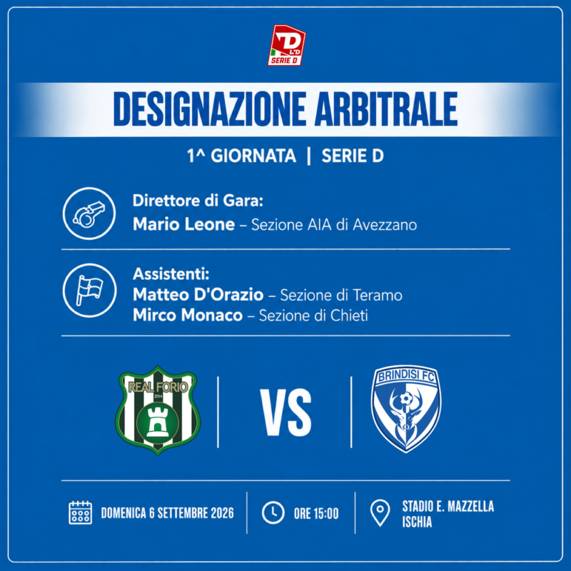 Real Forio – Brindisi FC, ufficializzata la terna arbitrale
